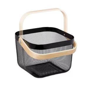 Canasto organizador metal con asa de madera - NEGRO