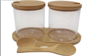 SET DE FRASCOS + CUCHARAS C/BASE VIDRIO BAMBÚ